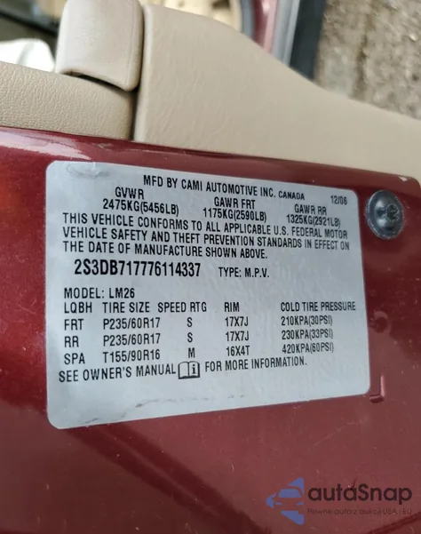 2007 Suzuki Xl7 Limited из США, поврежденный, VIN 2S3DB717776114337